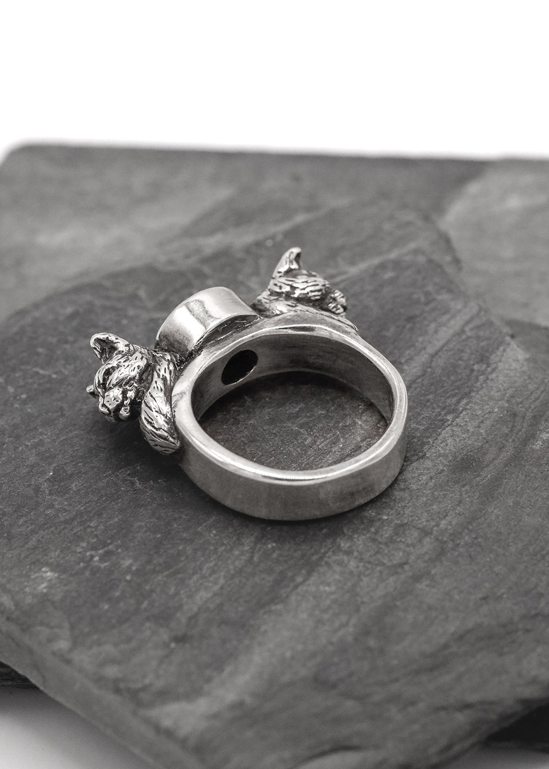 Nick Rule Double cat head ring with garnet Bizarre Bazaar