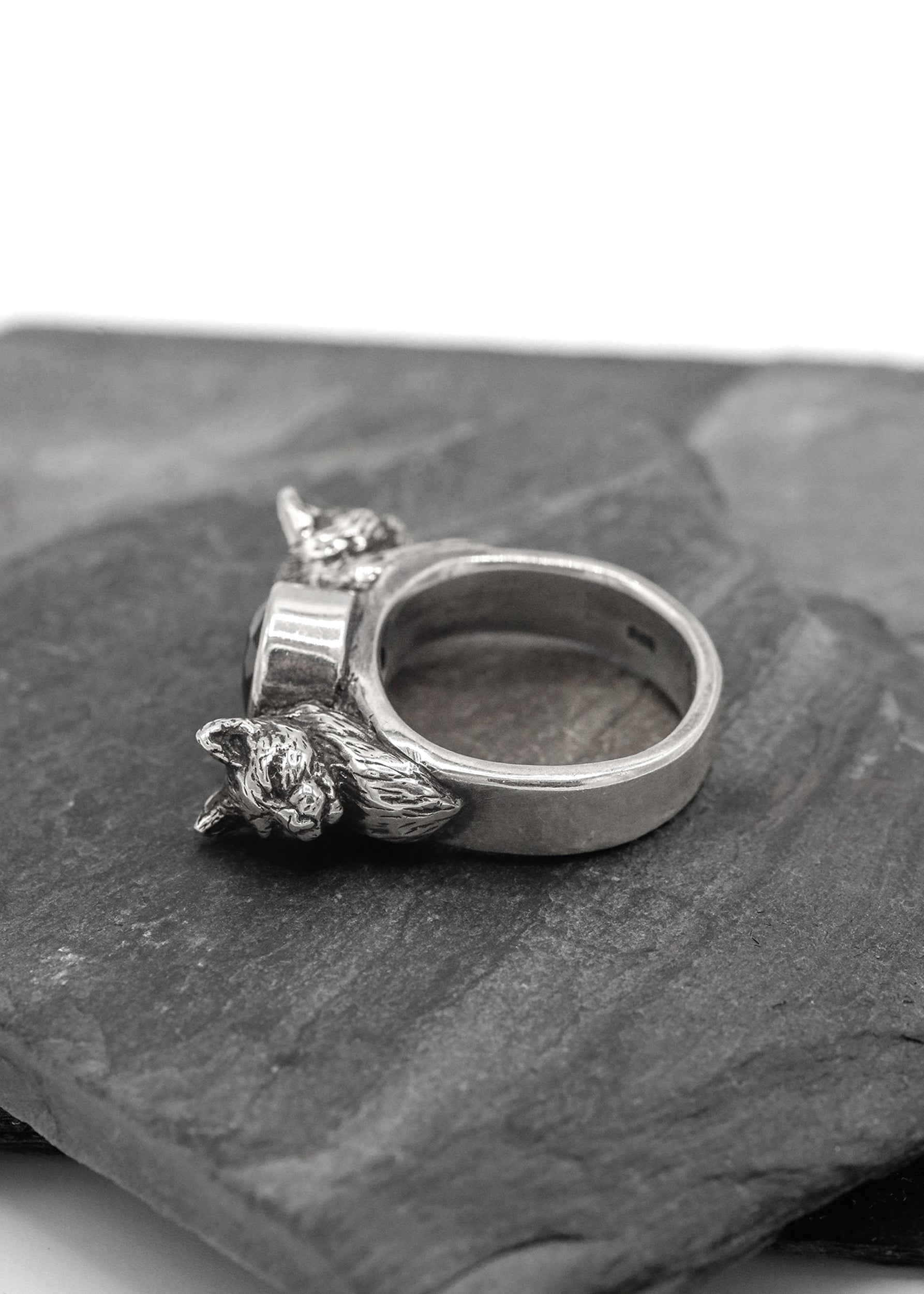 Nick Rule Double cat head ring with garnet Bizarre Bazaar