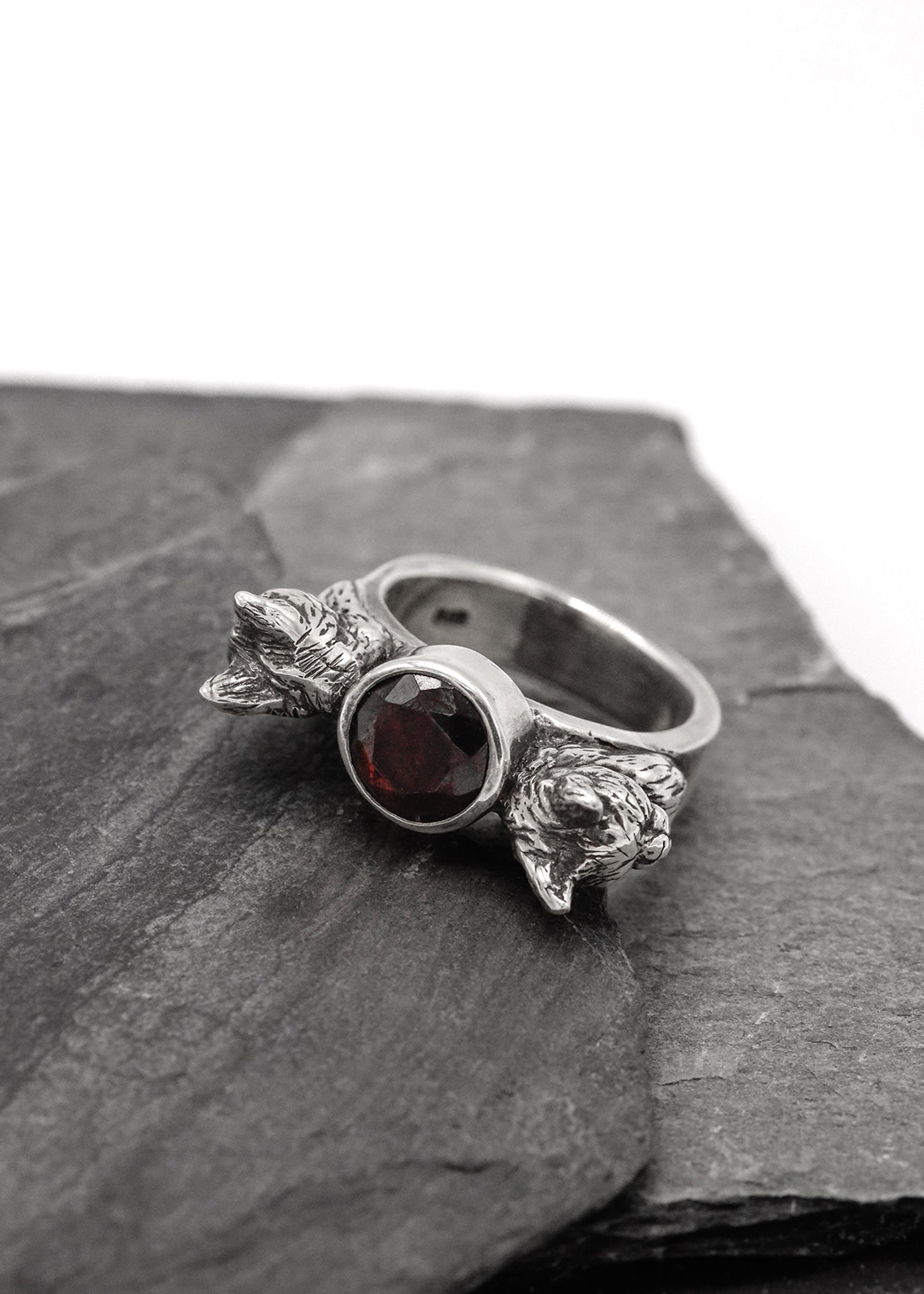 Nick Rule Double cat head ring with garnet Bizarre Bazaar
