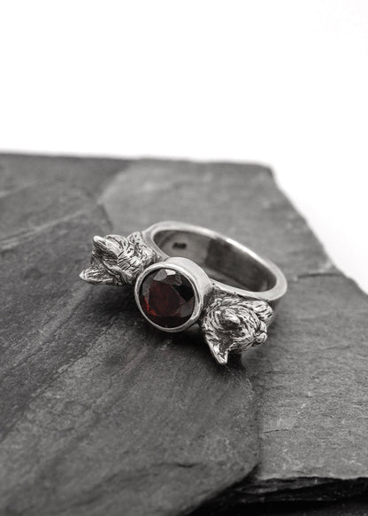 Nick Rule Double cat head ring with garnet Bizarre Bazaar