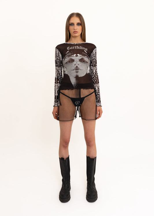 Roisin Dubh Earthling print long sleeve mesh top Bizarre Bazaar