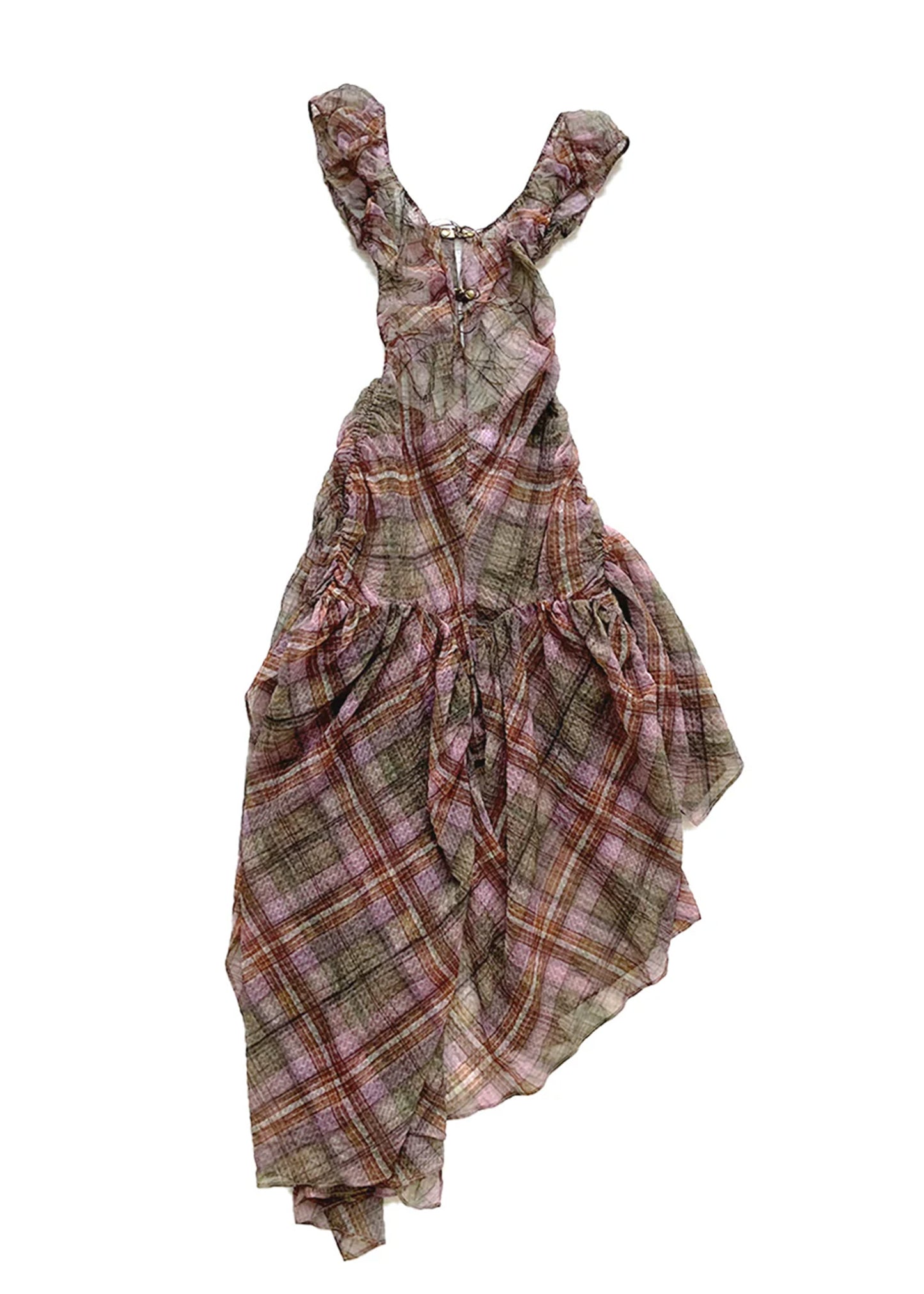 Plaid puff chiffon asymmetric dress- Earth Tartan