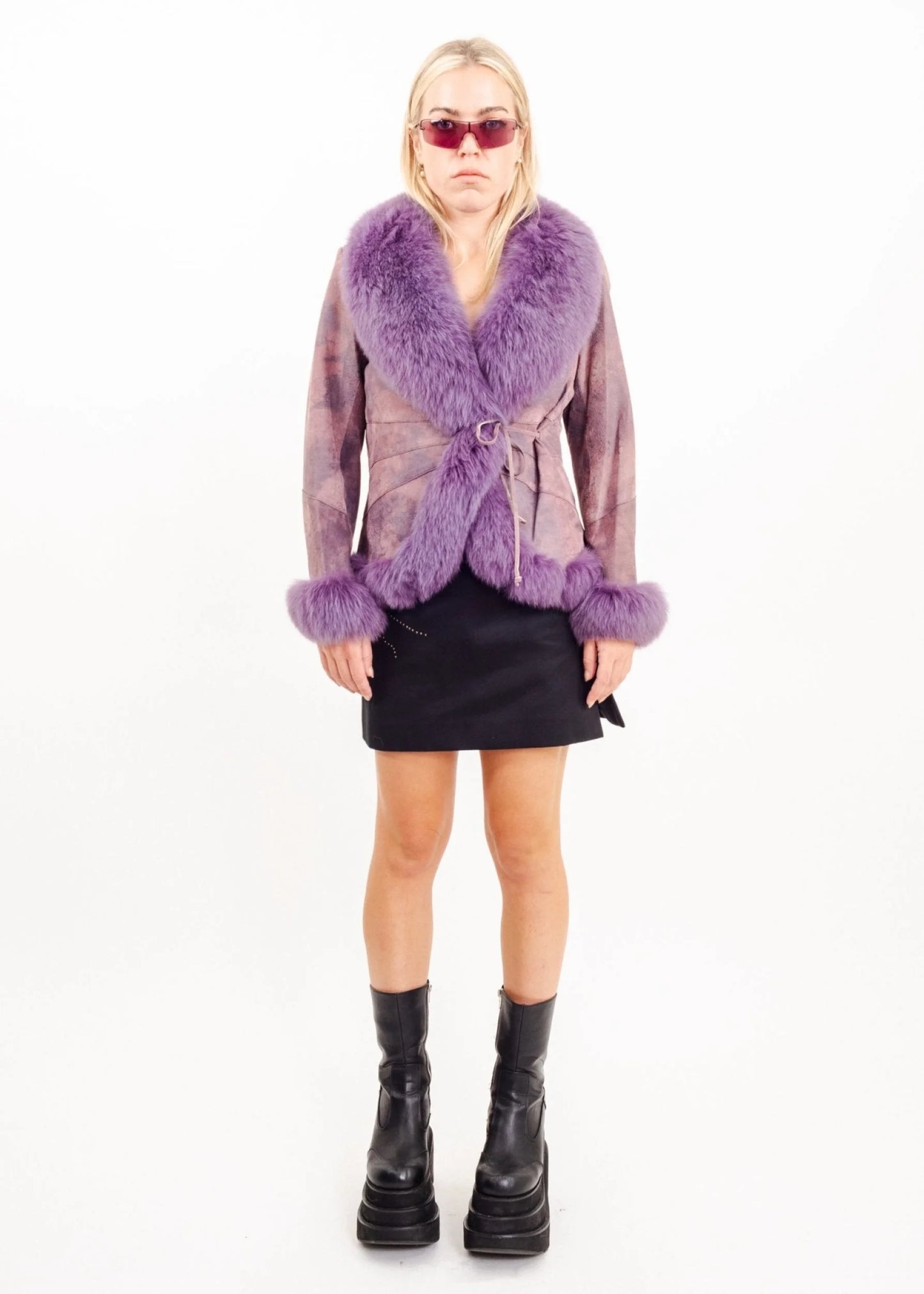 Bizarre Bazaar Embossed leather jacket with fox fur collar