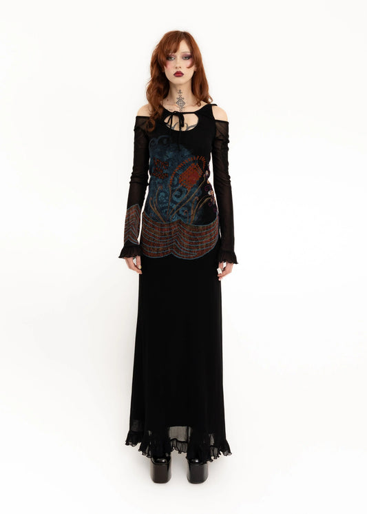 Save The Queen Embroidered mesh maxi dress