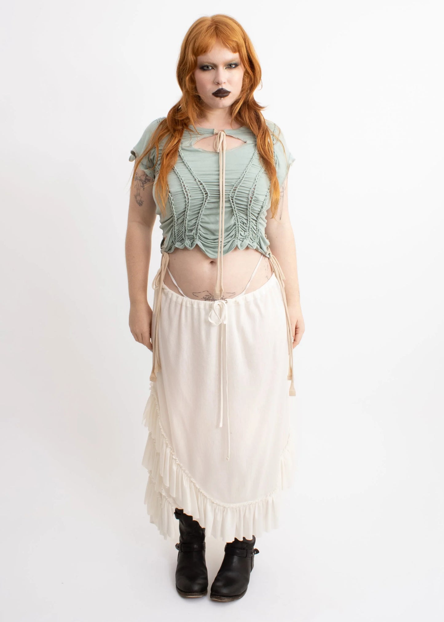 Banshee Fae keyhole braided short sleeve top- Sage green