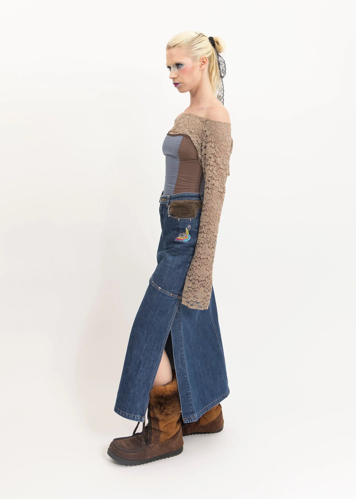 Kenzo Jeans Faux fur insert denim maxi skirt