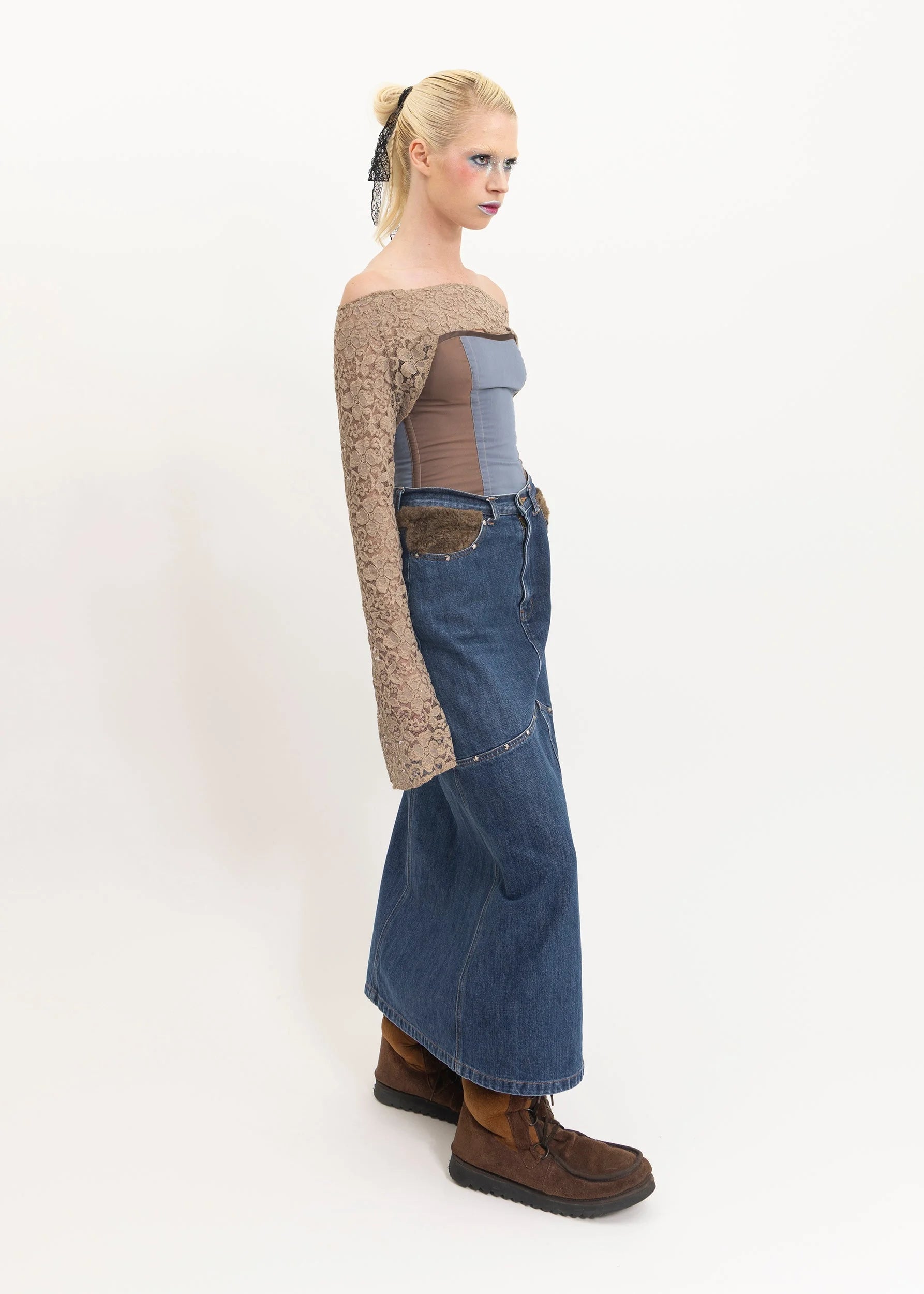 Kenzo Jeans Faux fur insert denim maxi skirt