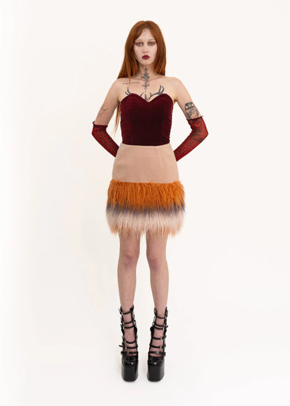 Lily Brown Faux Mongolian sheepskin trimmed mini skirt