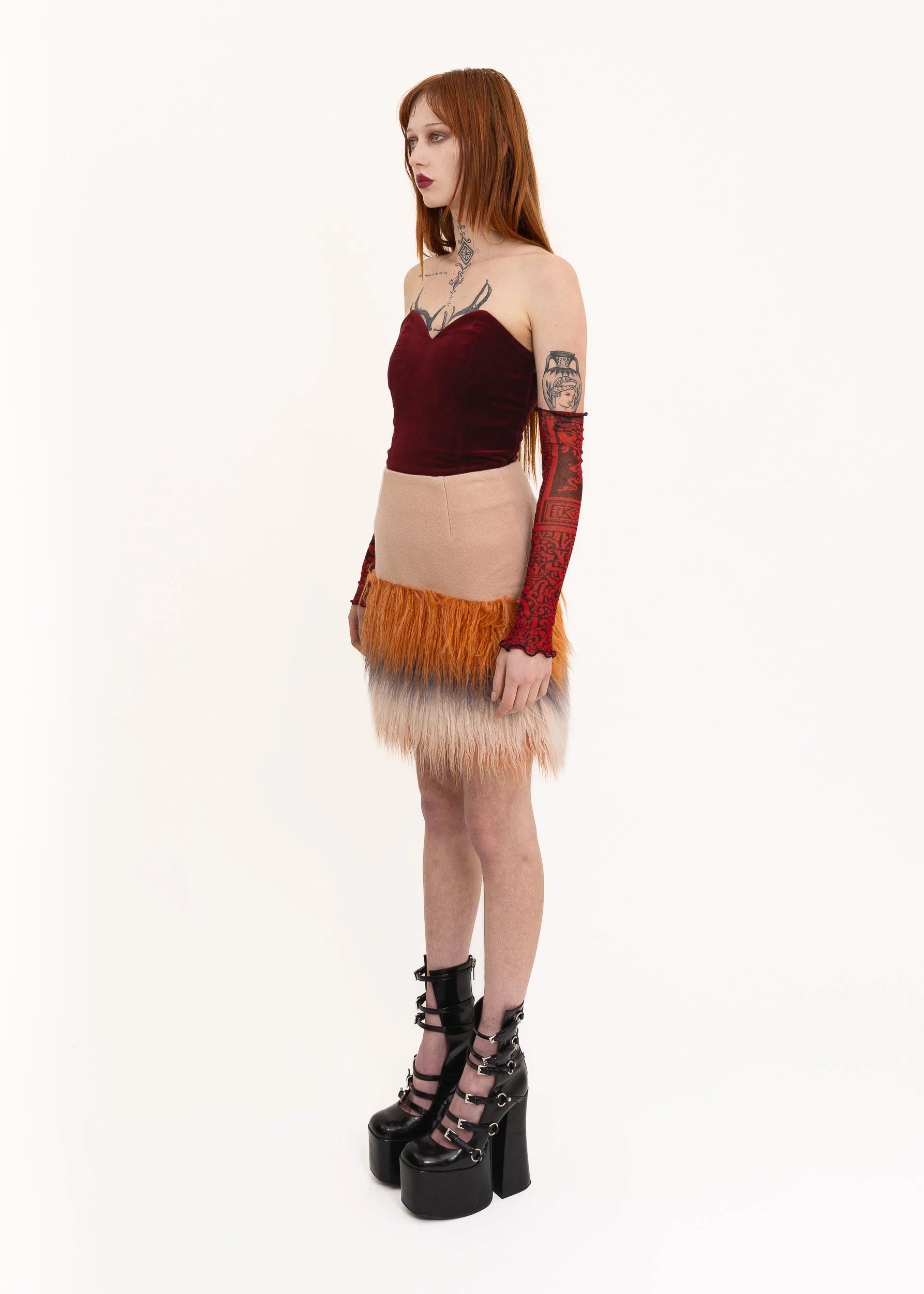 Lily Brown Faux Mongolian sheepskin trimmed mini skirt