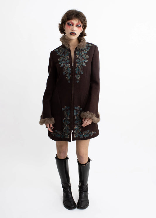 Mora Floral embroidered faux fur trimmed Afghan coat