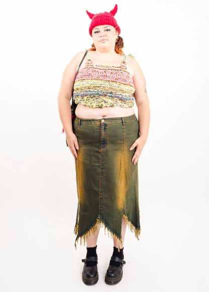 Bizarre Bazaar Fringed hem Y2K denim skirt