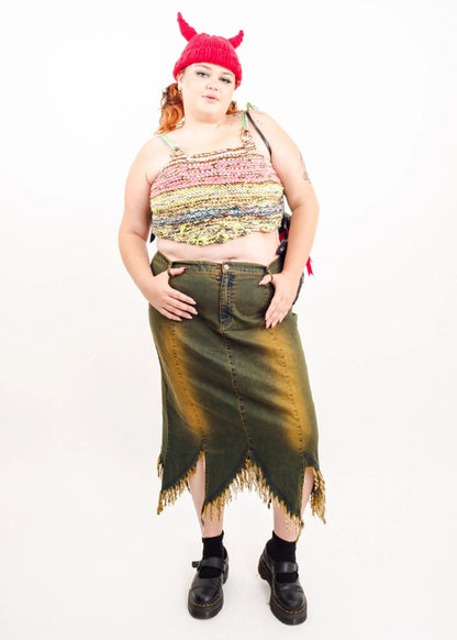 Bizarre Bazaar Fringed hem Y2K denim skirt