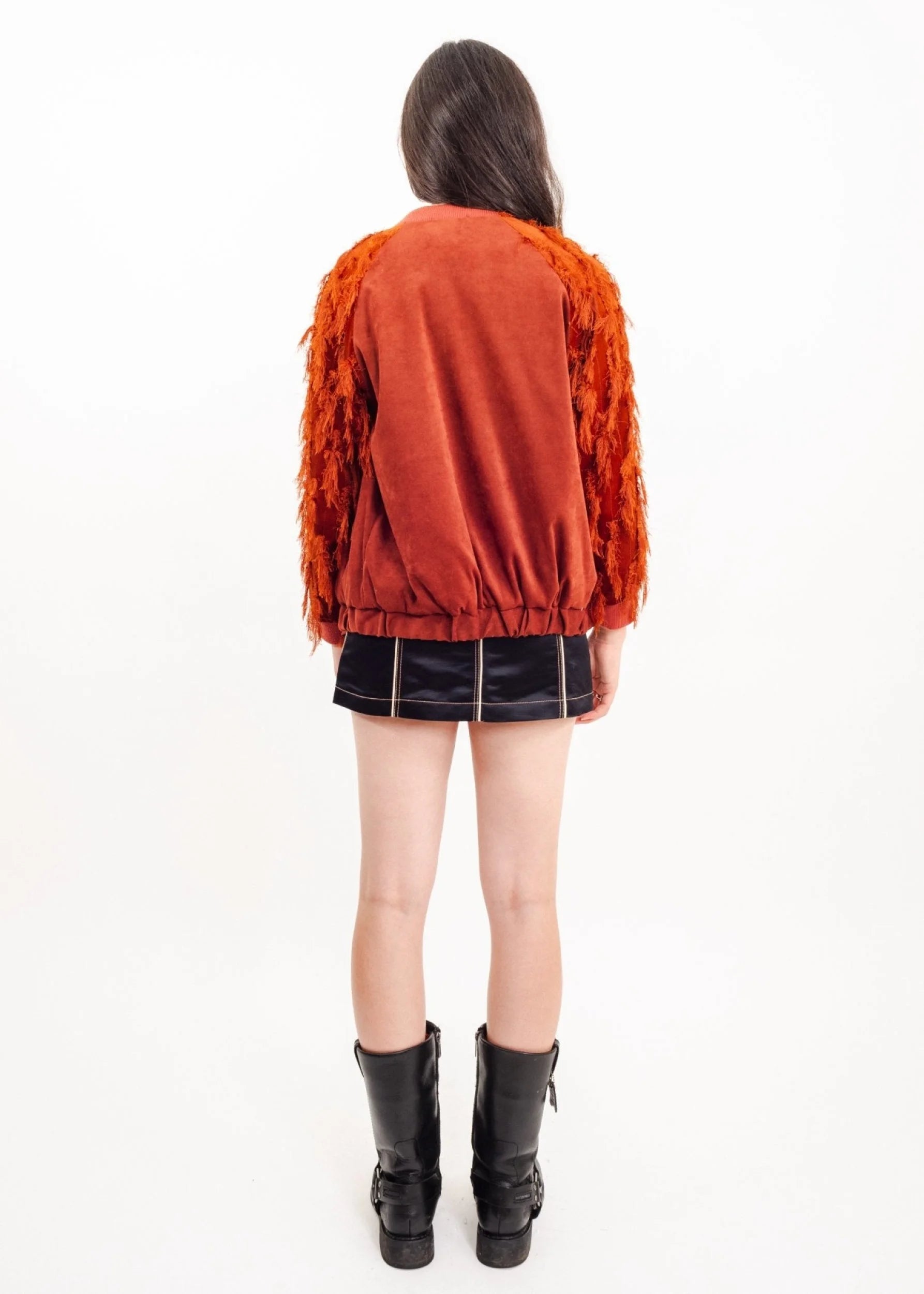 Elke & Yiva Fringed velvet bomber jacket