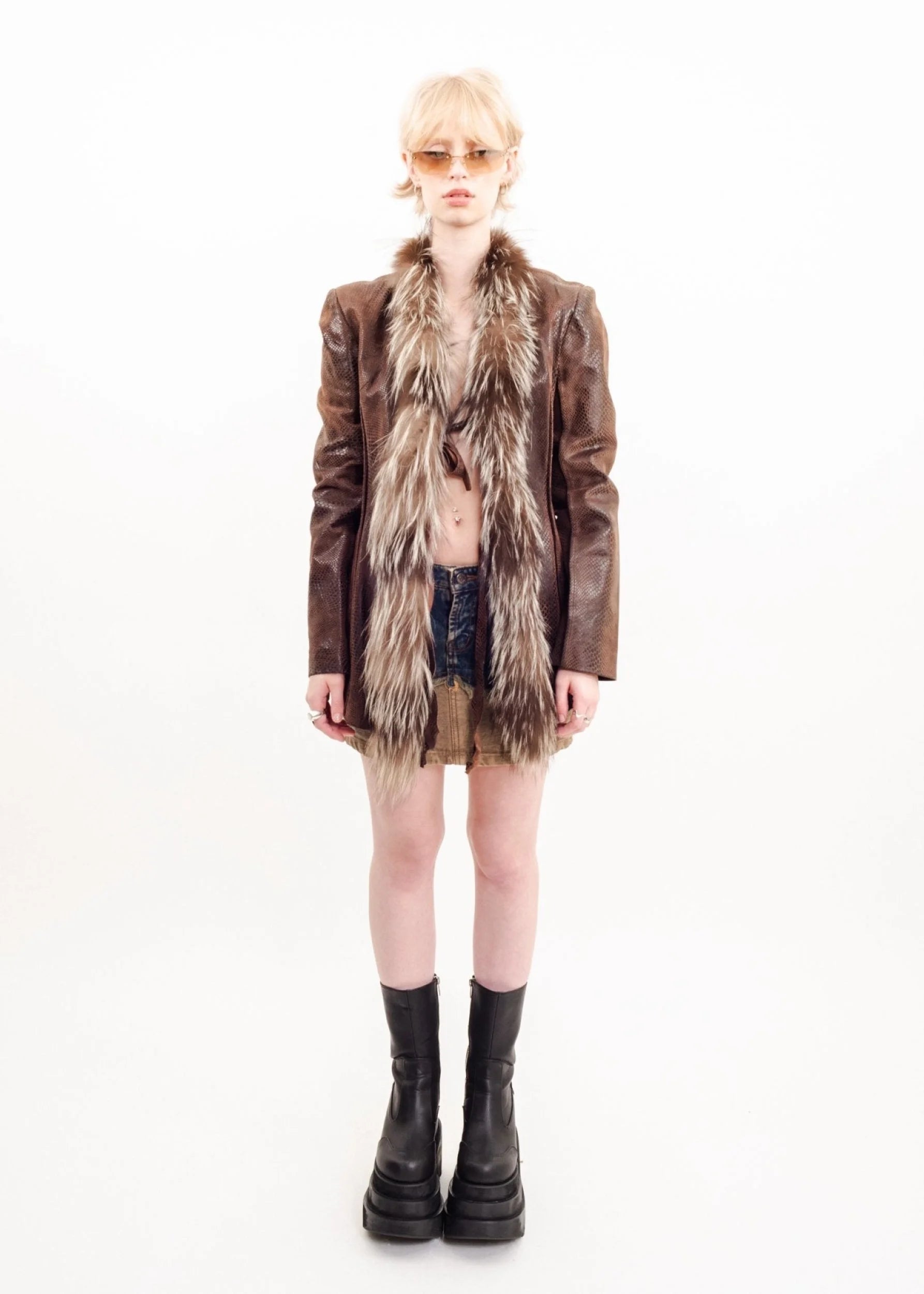 Bizarre Bazaar Fur trimmed snakeskin effect leather jacket