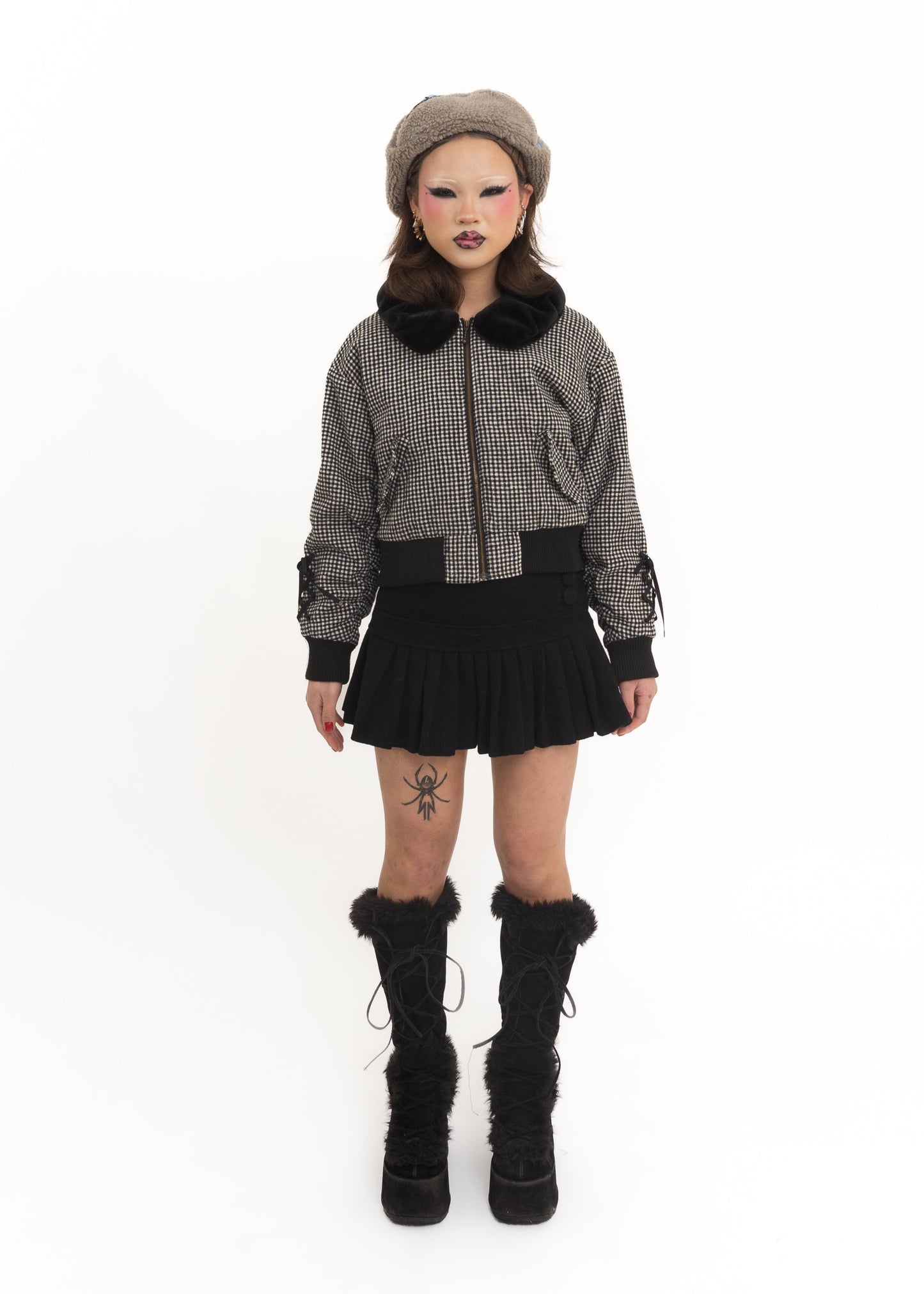 Gingham bomber jacket with lace up sleeves and faux fur collar