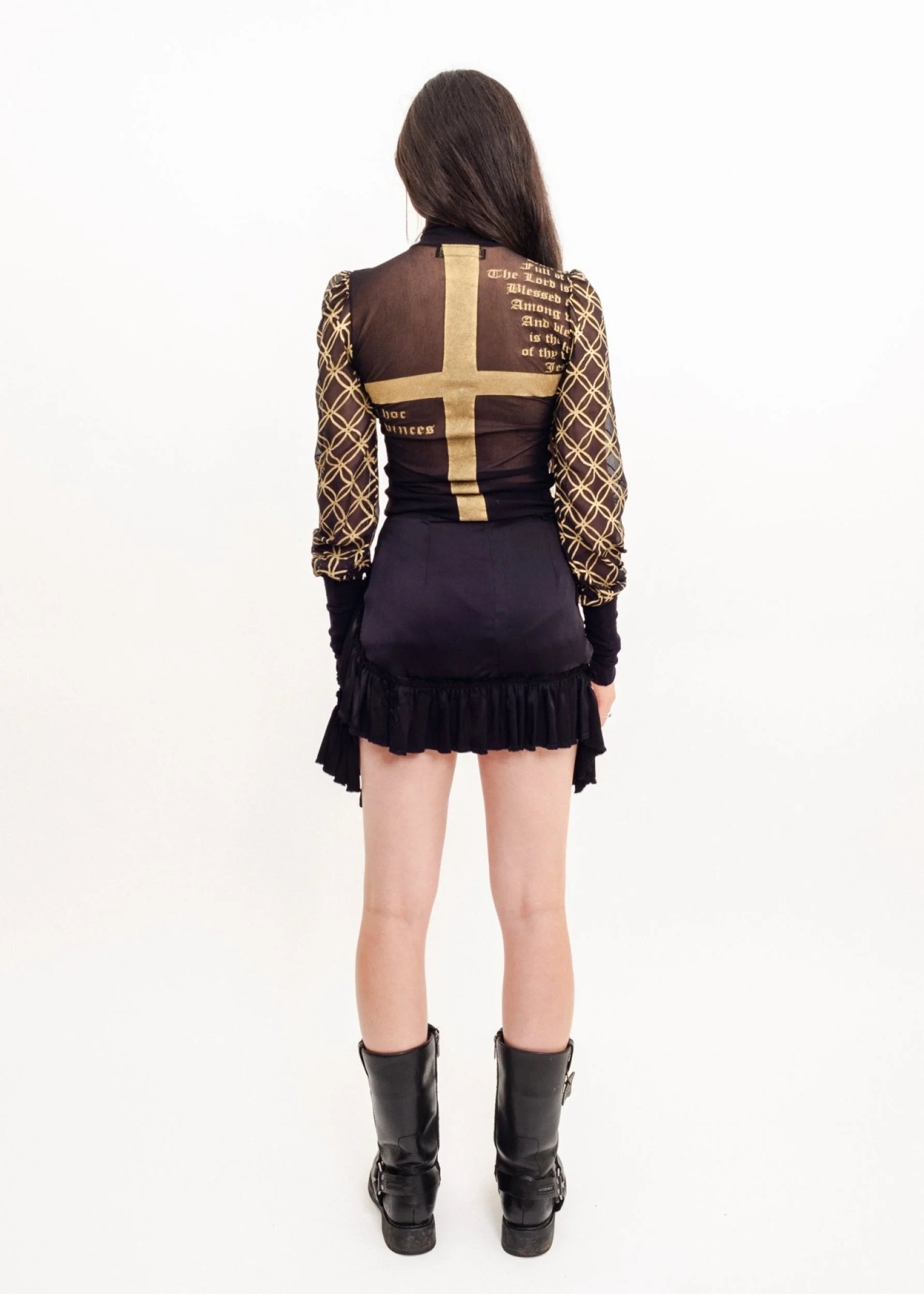 Roisin Dubh Gold cross mesh top