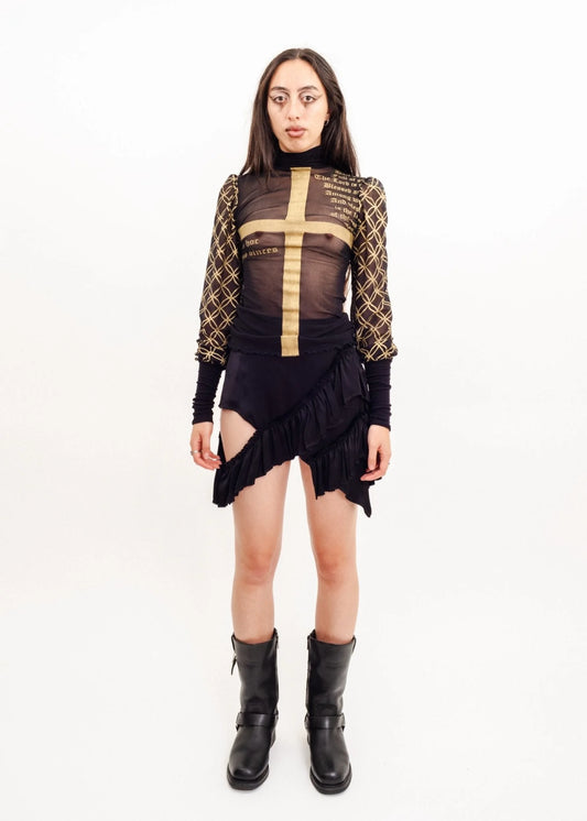 Roisin Dubh Gold cross mesh top