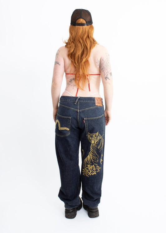 Evisu Gold metallic tiger embroidered skate jeans