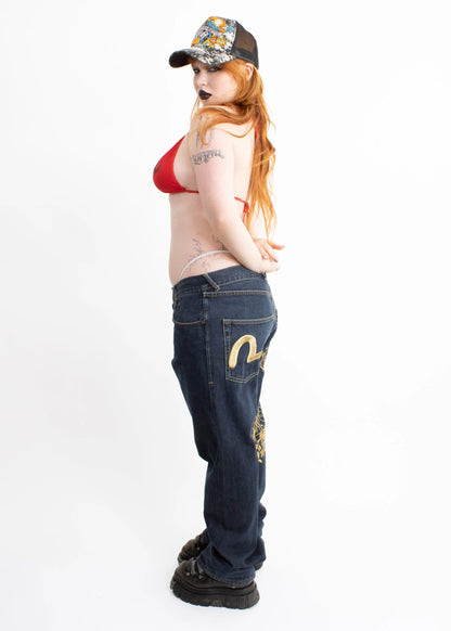 Evisu Gold metallic tiger embroidered skate jeans