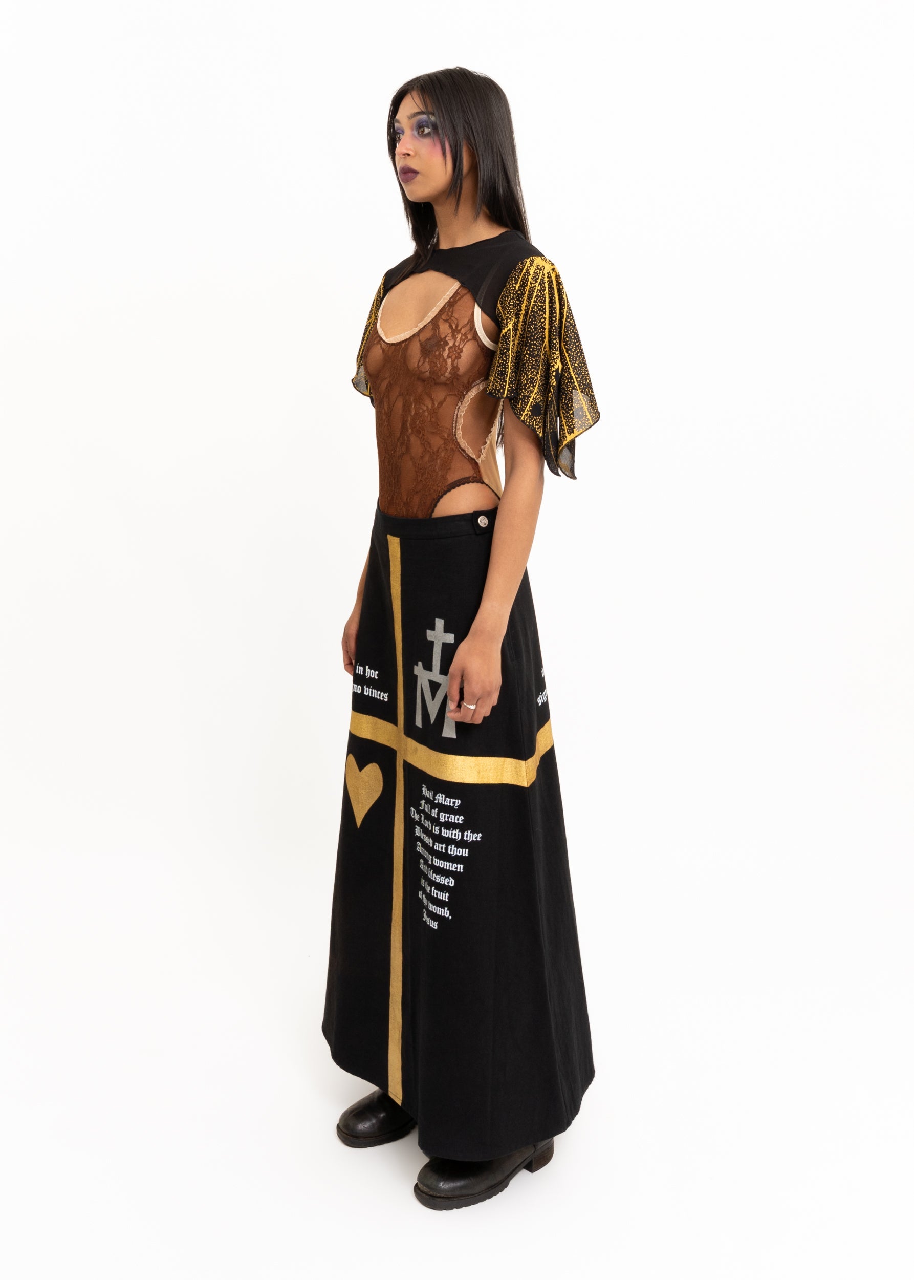 Roisin Dubh Hail Mary cross screen printed maxi skirt Bizarre Bazaar