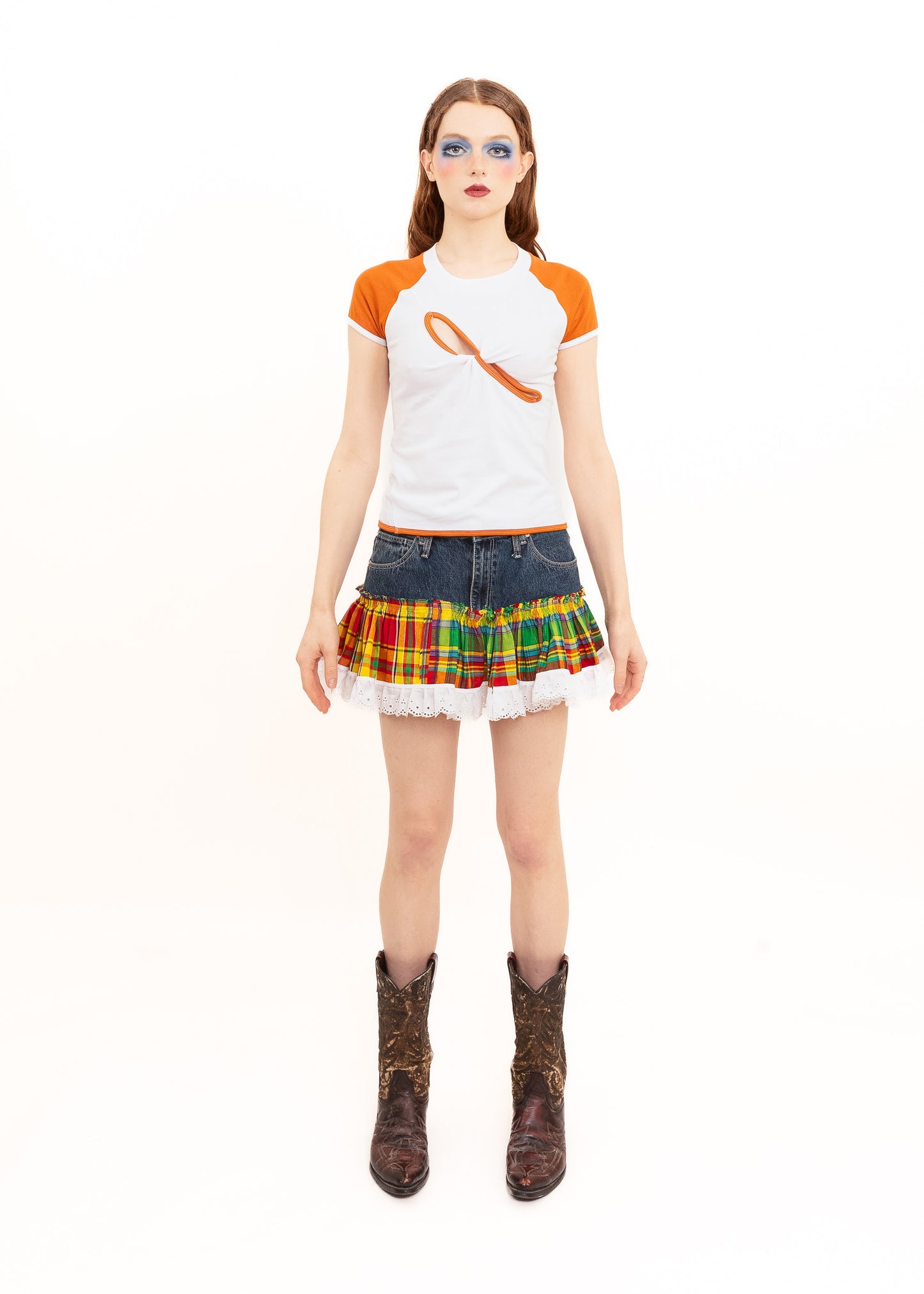 Upcycled tartan ruffle mini skirt