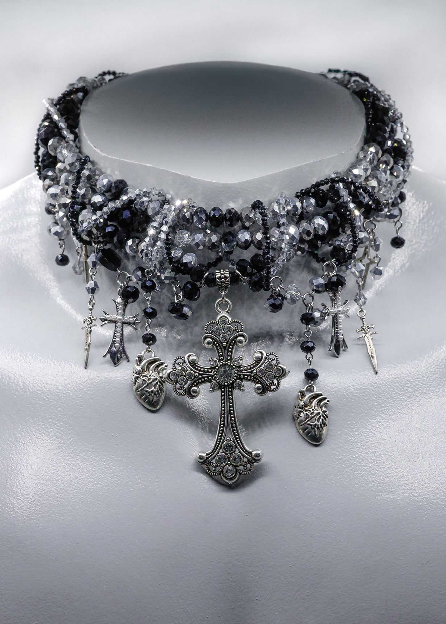 Moss Pixie Interwoven strand beaded crucifix necklace Bizarre Bazaar