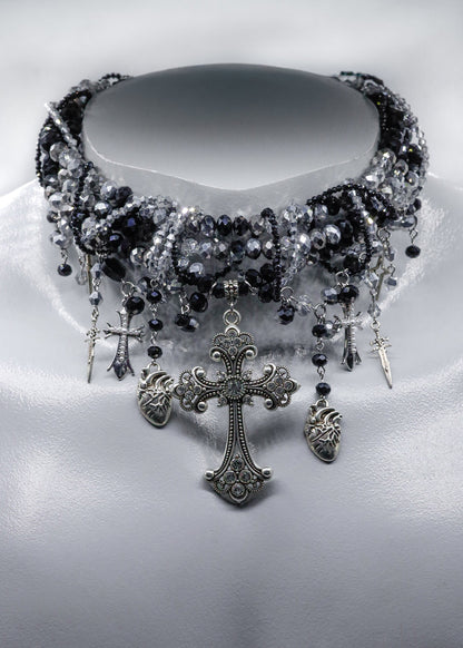 Moss Pixie Interwoven strand beaded crucifix necklace Bizarre Bazaar