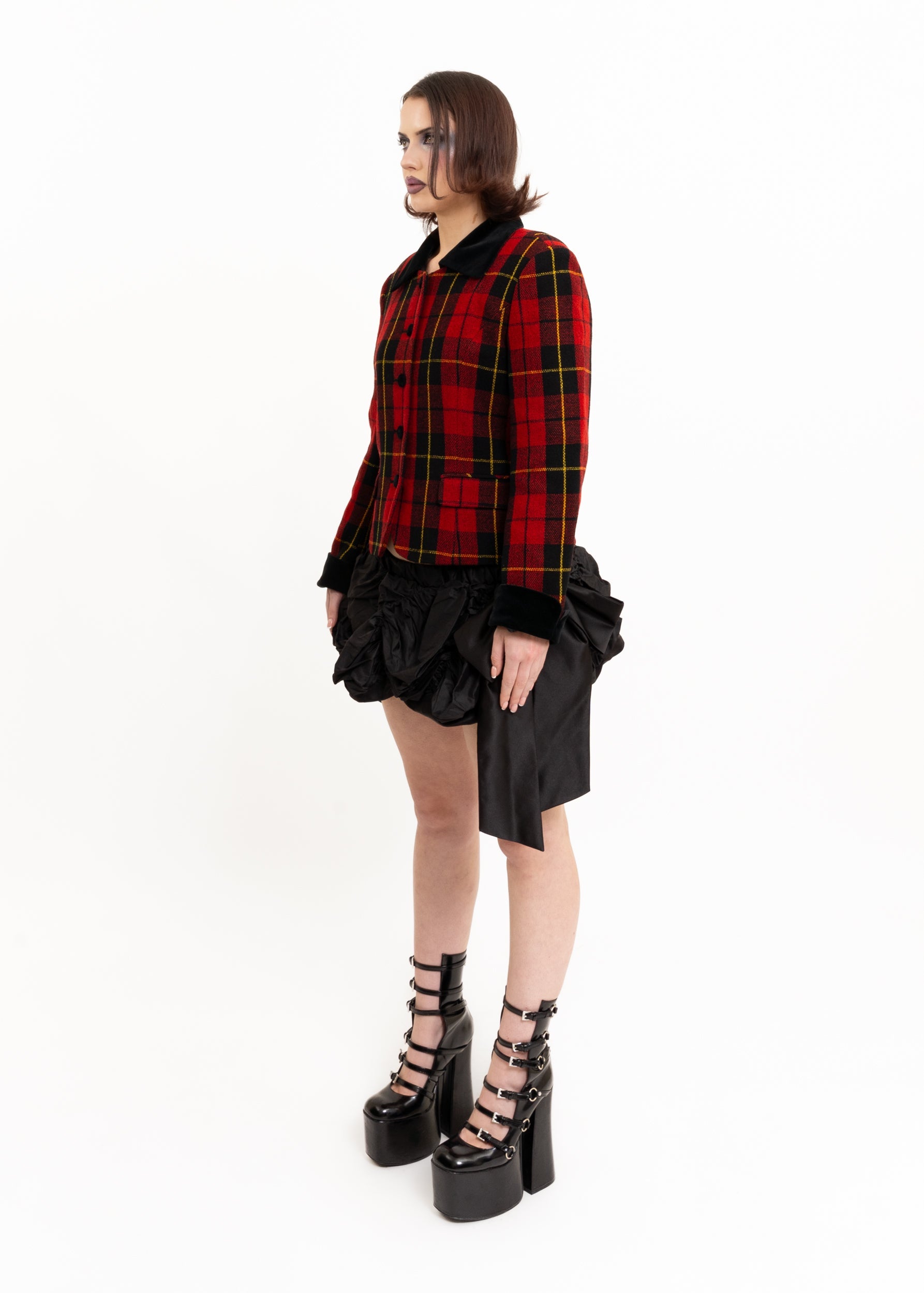Japanese vintage tartan jacket with velvet cuffs and collar