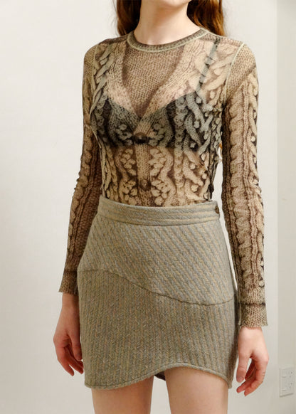 Trompe l'oeil cable knit print mesh top