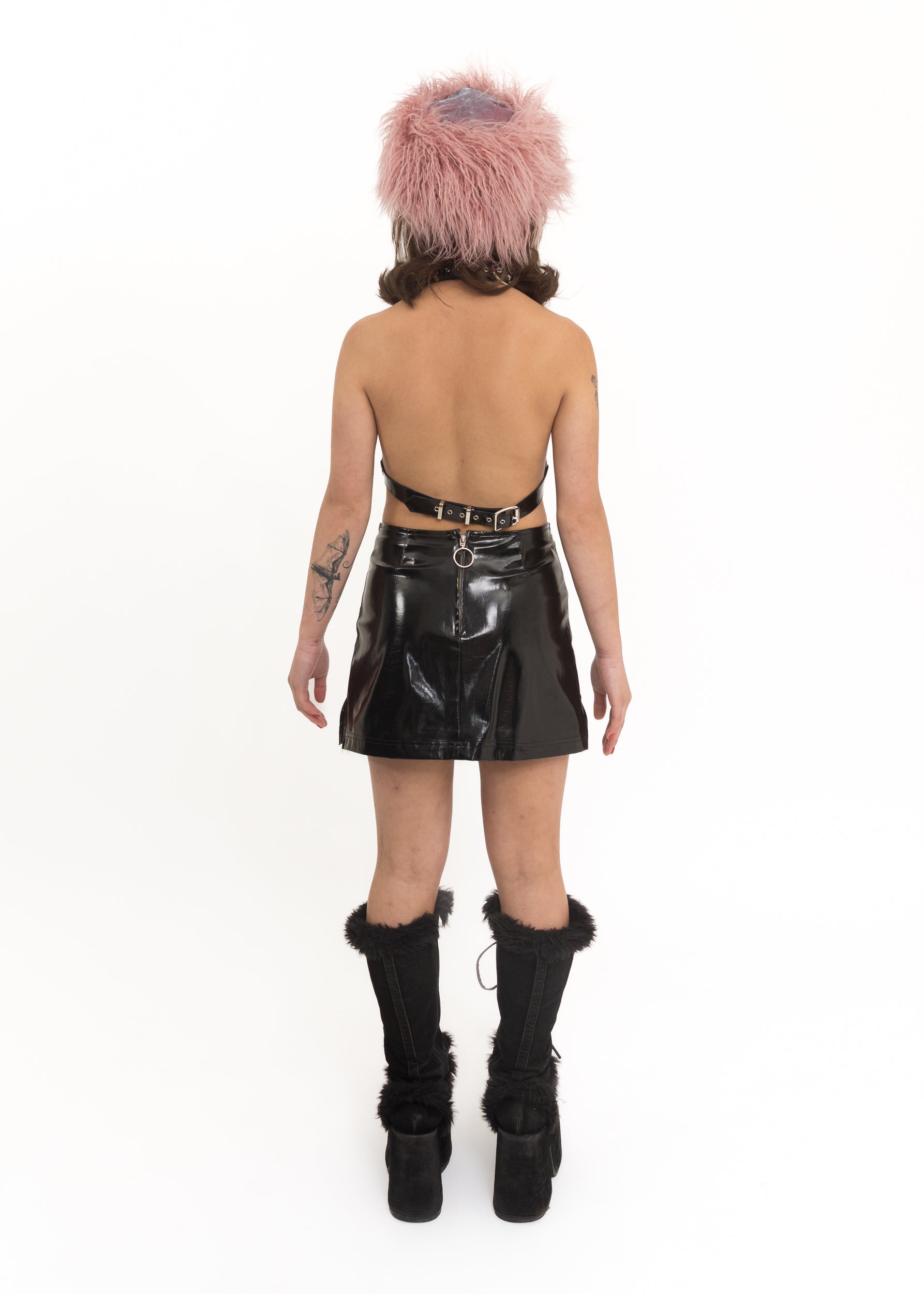 Luti Leather cross bikini top- pink and black patent Bizarre Bazaar