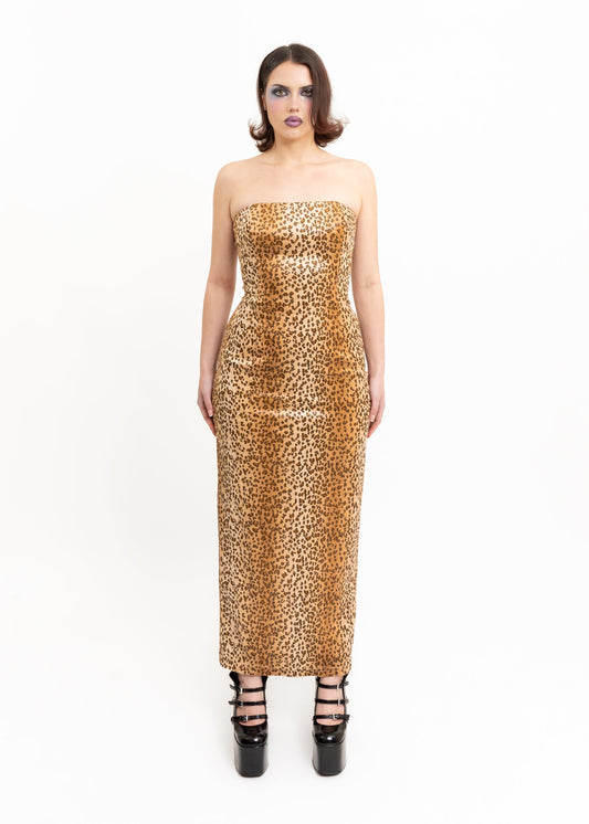 Jessica McLintock Gunne Sax Leopard strapless dress Bizarre Bazaar