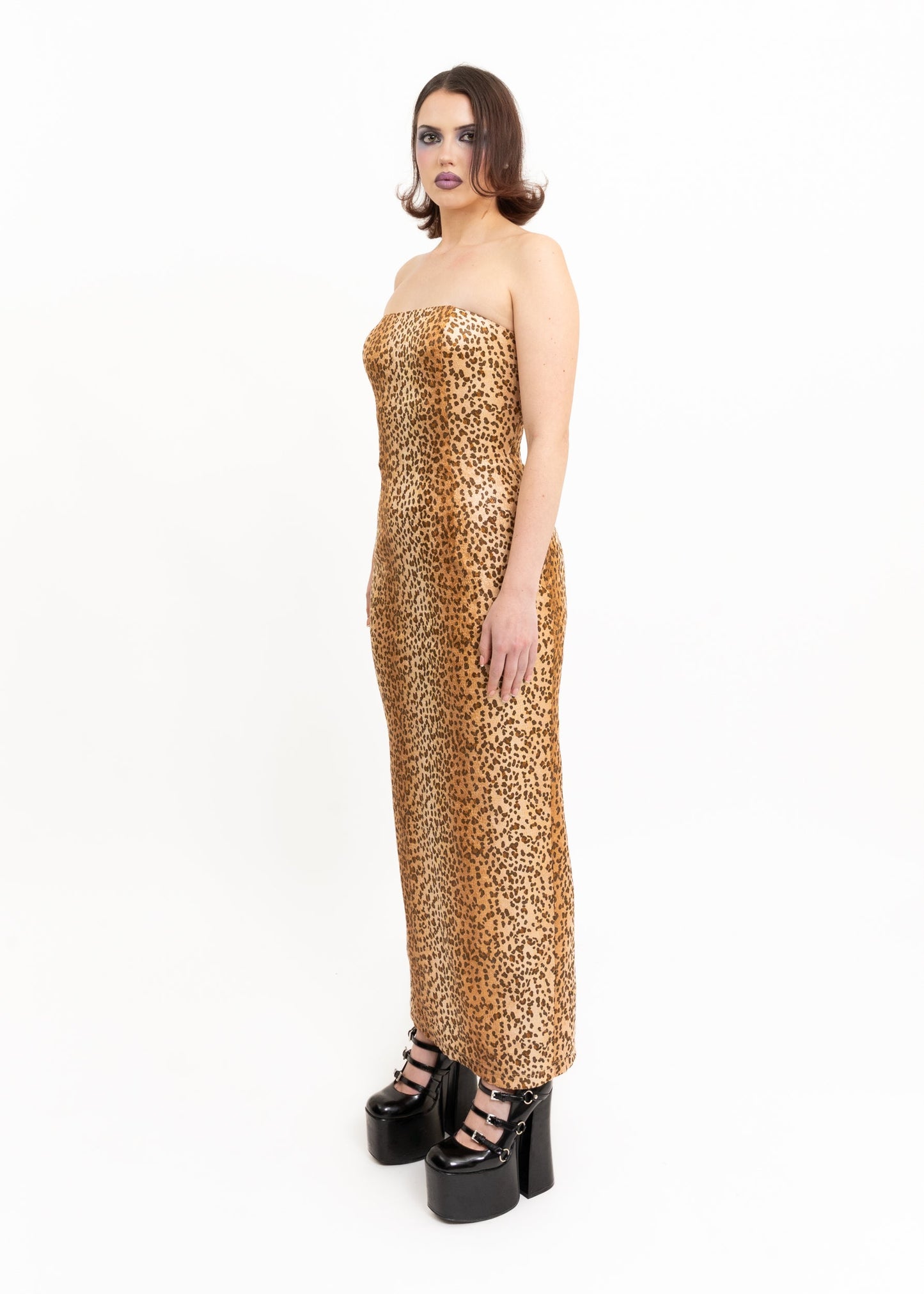 Jessica McLintock Gunne Sax Leopard strapless dress Bizarre Bazaar