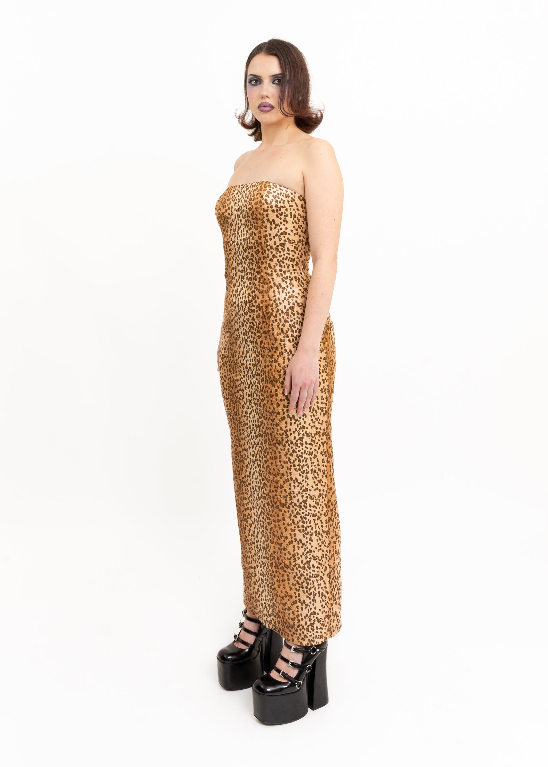 Jessica McLintock Gunne Sax Leopard strapless dress Bizarre Bazaar