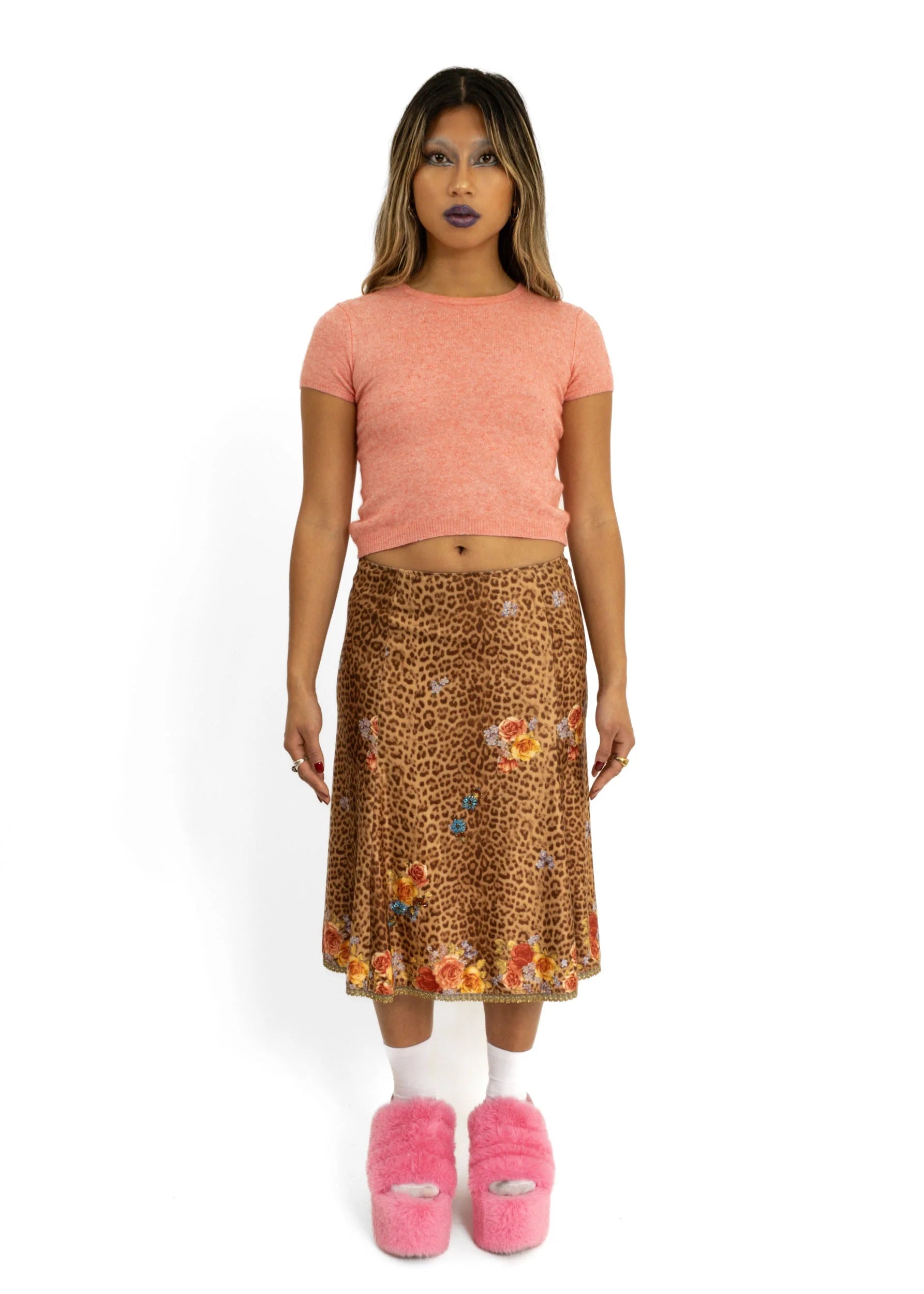 J & Nina Leopard print/ floral velvet skirt with beading