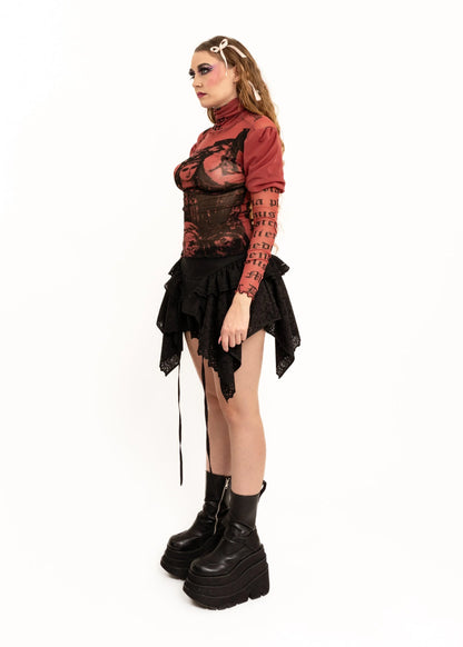 Roisin Dubh Hail Mary puff sleeve screen printed mesh top
