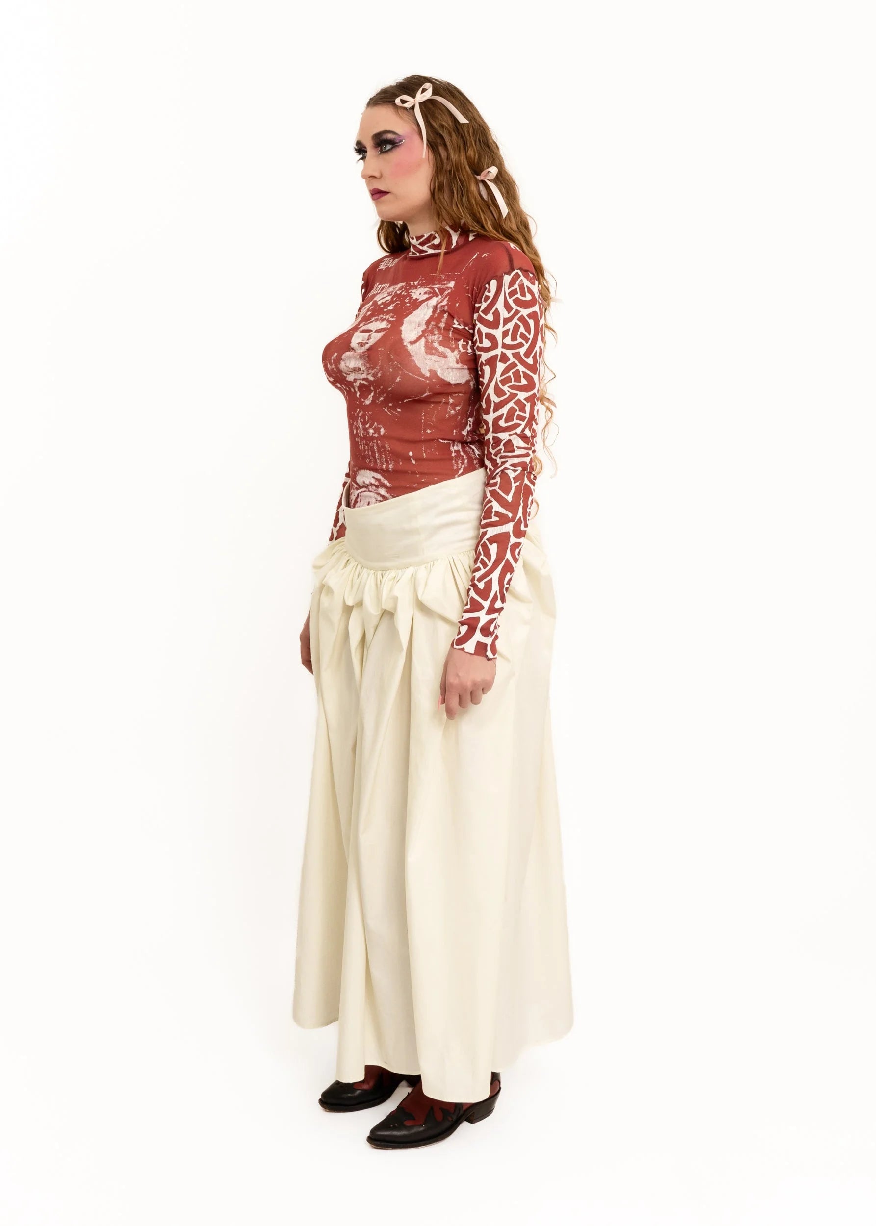 Roisin Dubh Hail Mary puff sleeve screen printed mesh top