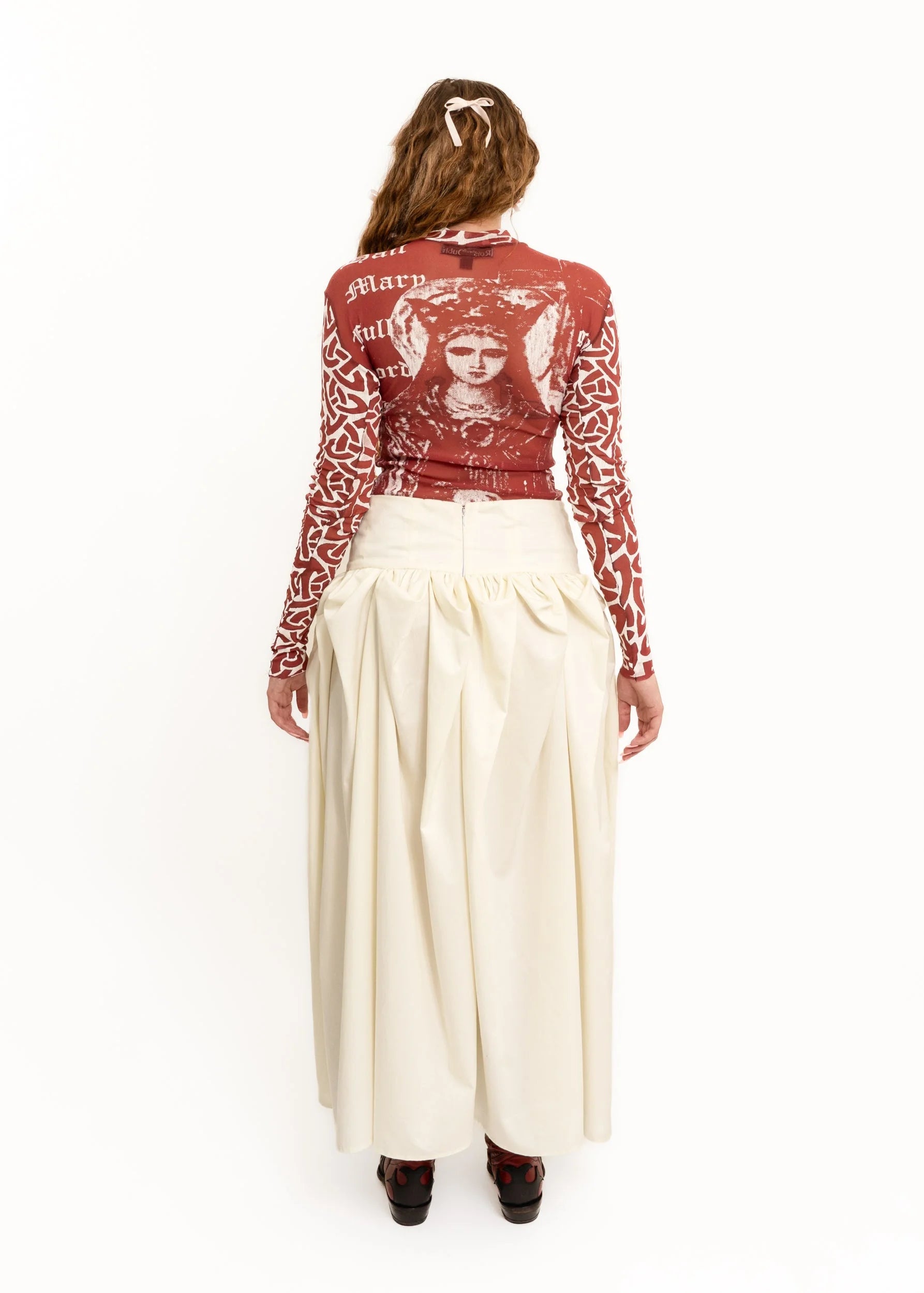 Roisin Dubh Hail Mary puff sleeve screen printed mesh top
