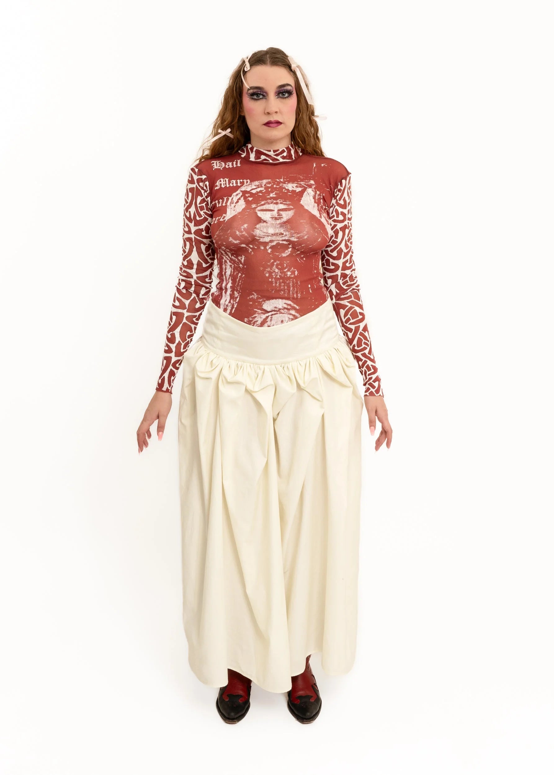 Roisin Dubh Hail Mary puff sleeve screen printed mesh top