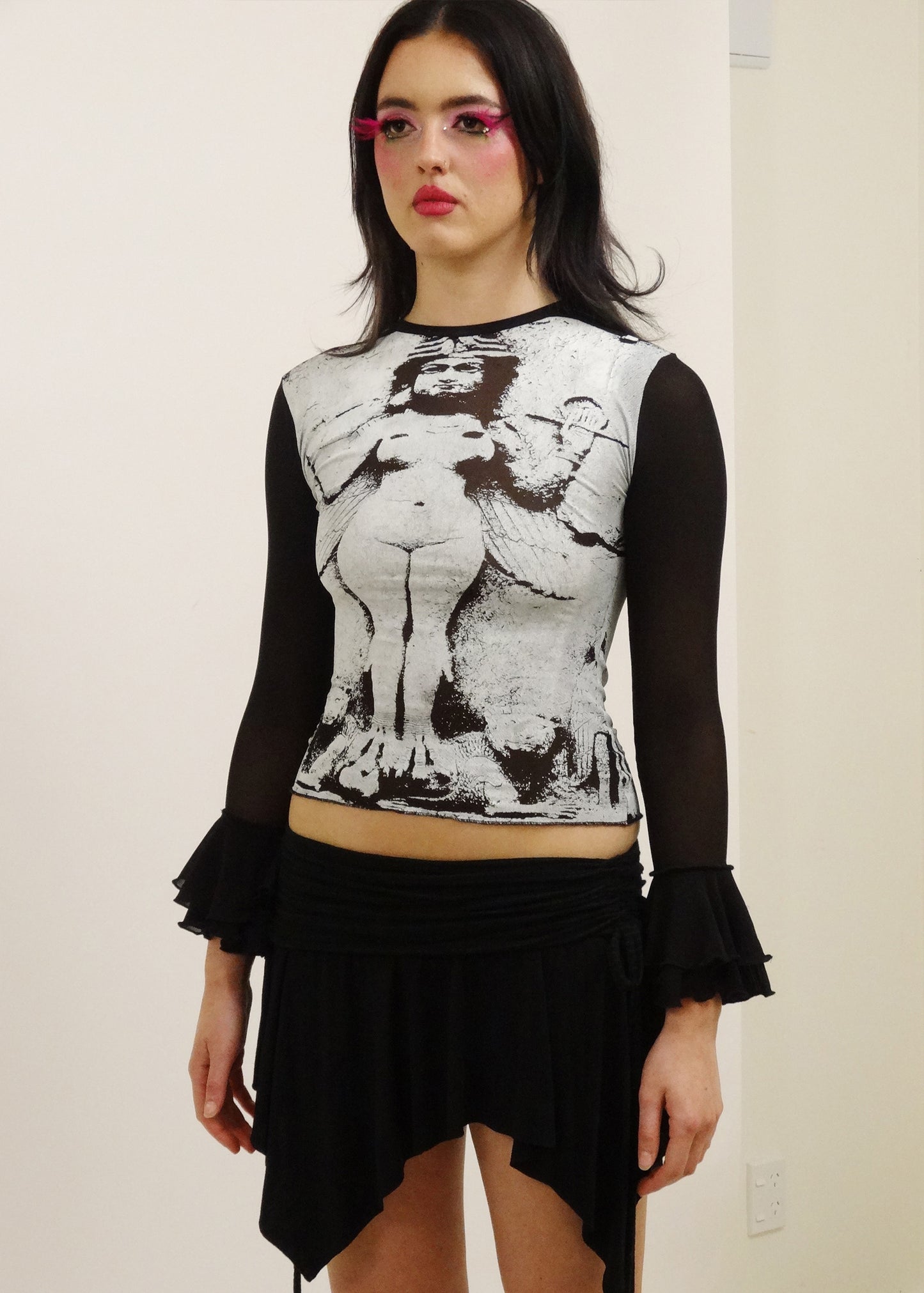 Lilith frill sleeve screen printed mesh top