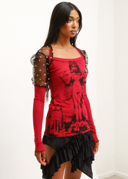 Lilith puff sleeve screen printed mesh top