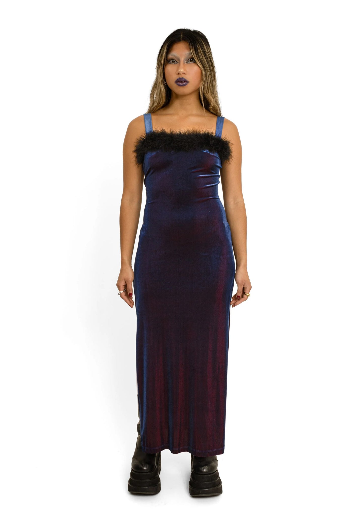 Bizarre Bazaar Marabou trim iridescent velvet gown