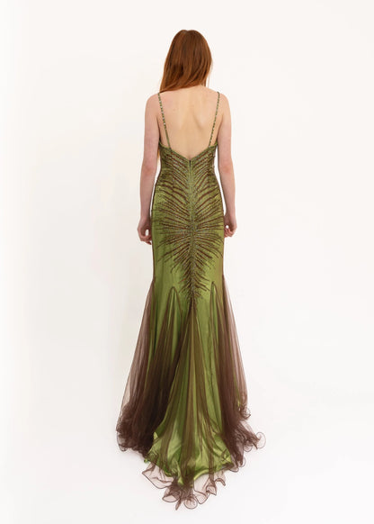 Faviana Couture Mesh overlay beaded gown with train