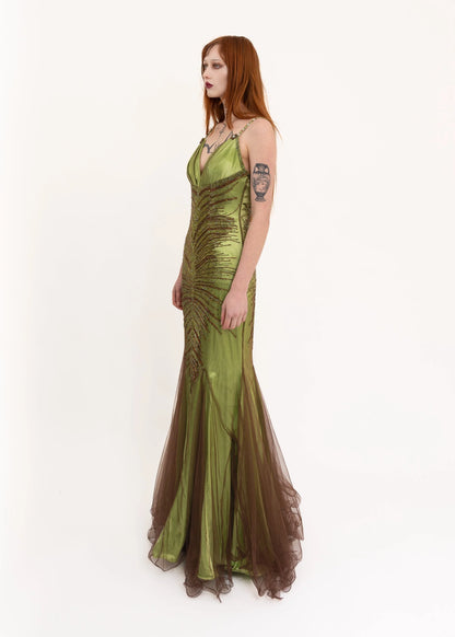 Faviana Couture Mesh overlay beaded gown with train