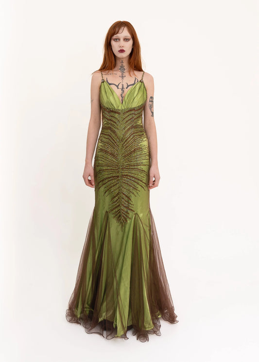 Faviana Couture Mesh overlay beaded gown with train