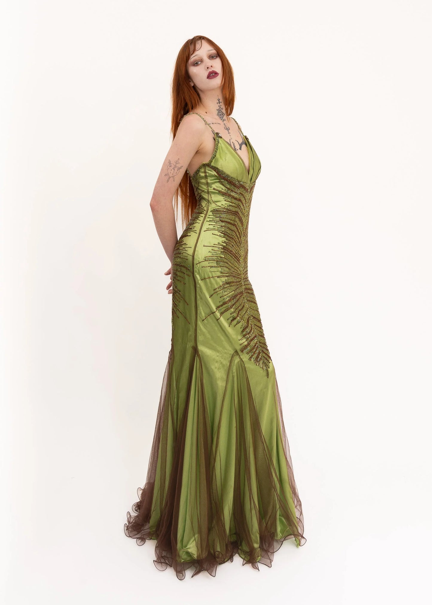 Faviana Couture Mesh overlay beaded gown with train