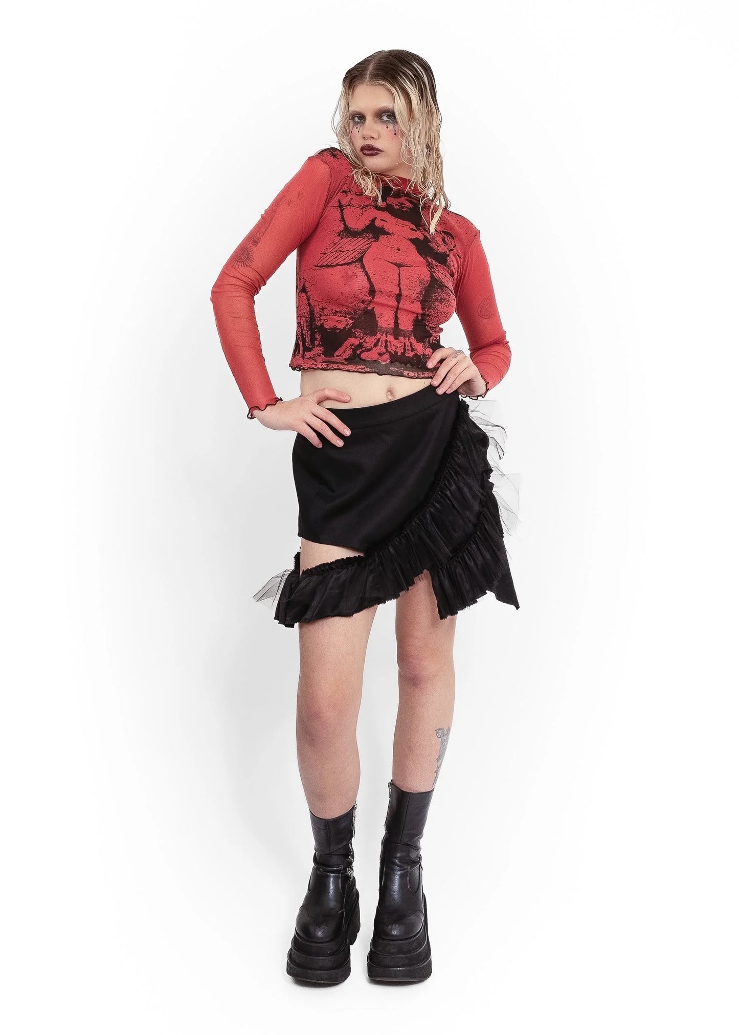 Depth of Scye Mini Fray Skirt- Black denim/ tulle