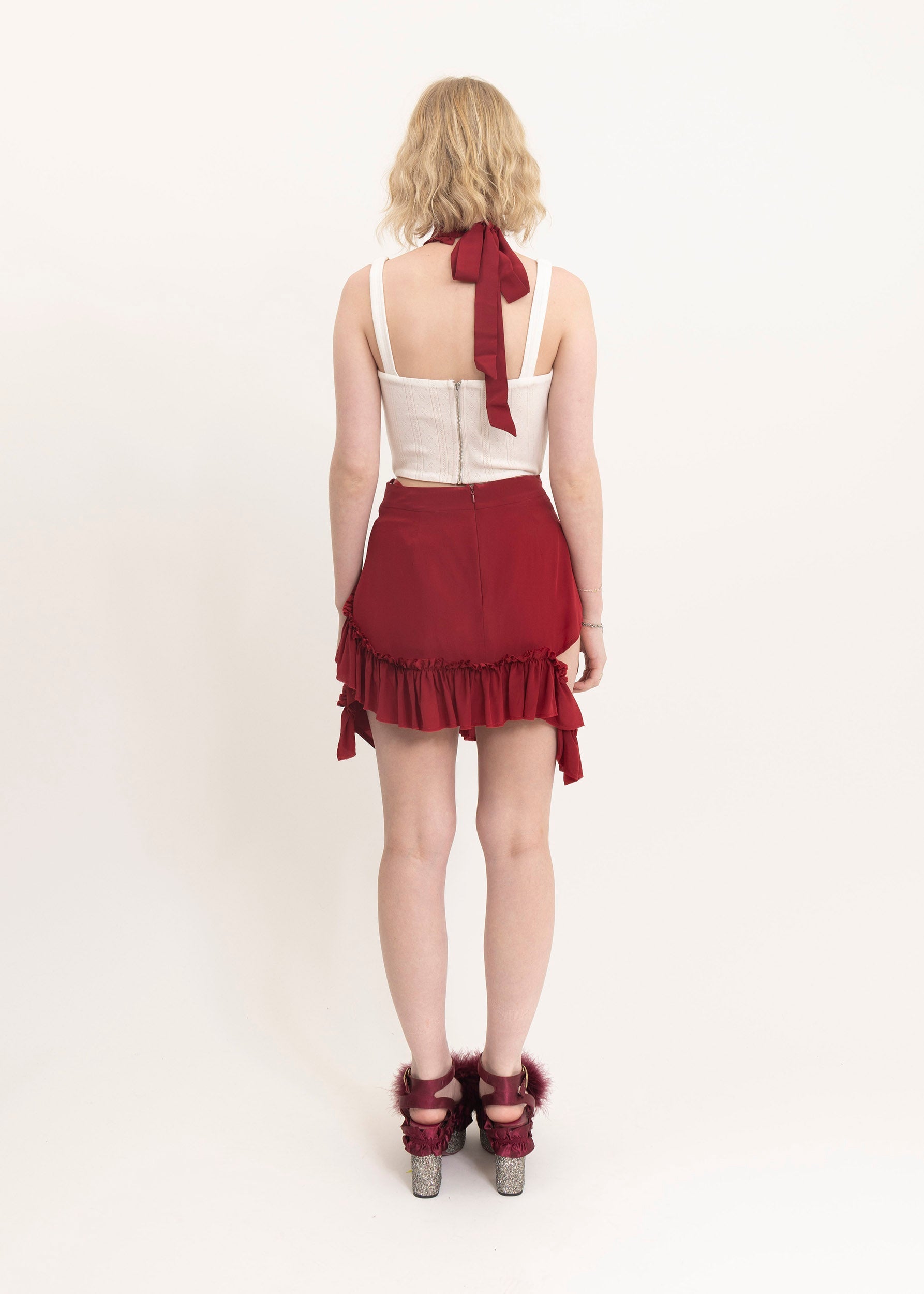 Depth of Scye Mini Fray Skirt- Red Silk