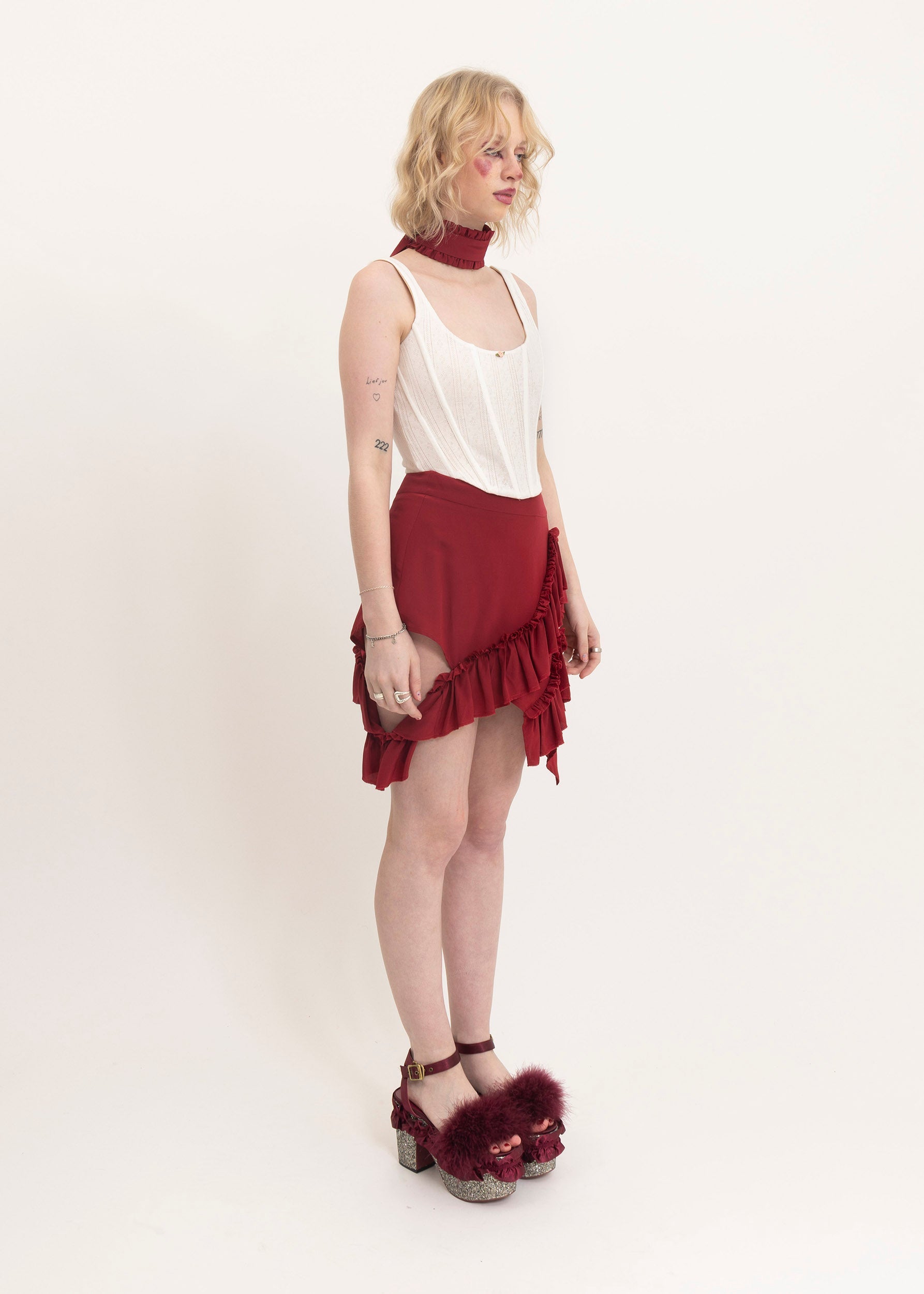 Depth of Scye Mini Fray Skirt- Red Silk