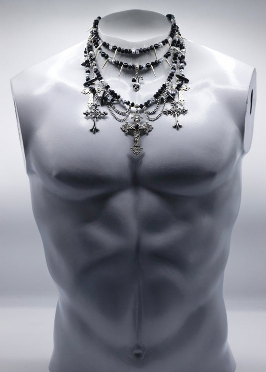 Moss Pixie Multi strand beaded crucifix necklace Bizarre Bazaar