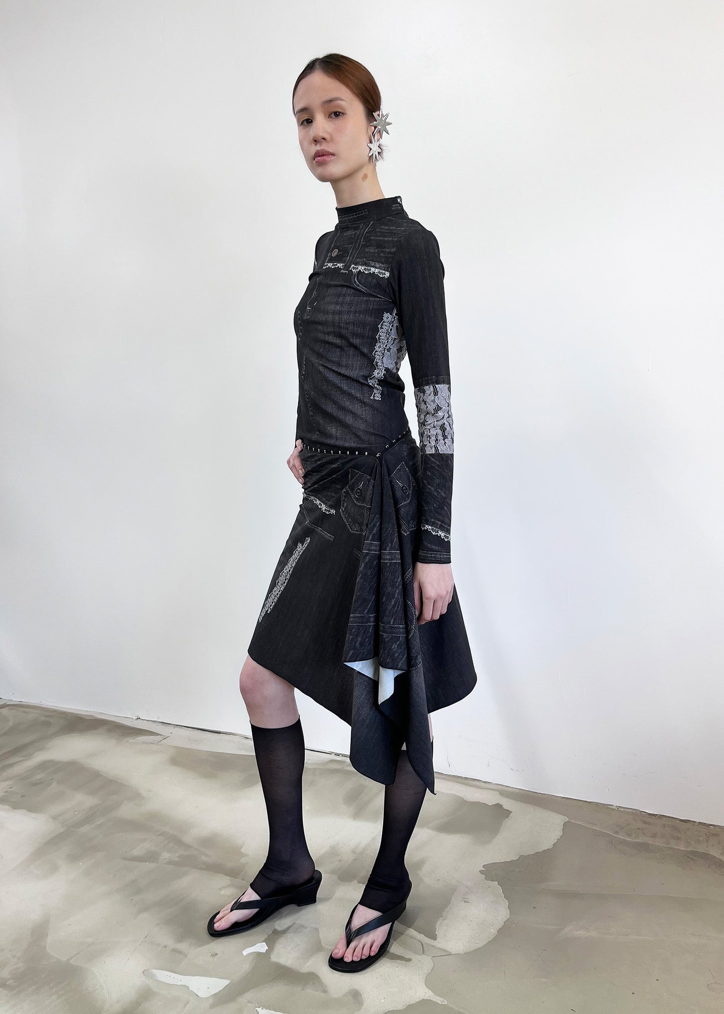 Nightwarp Top- Black Trompe L'oeil Denim